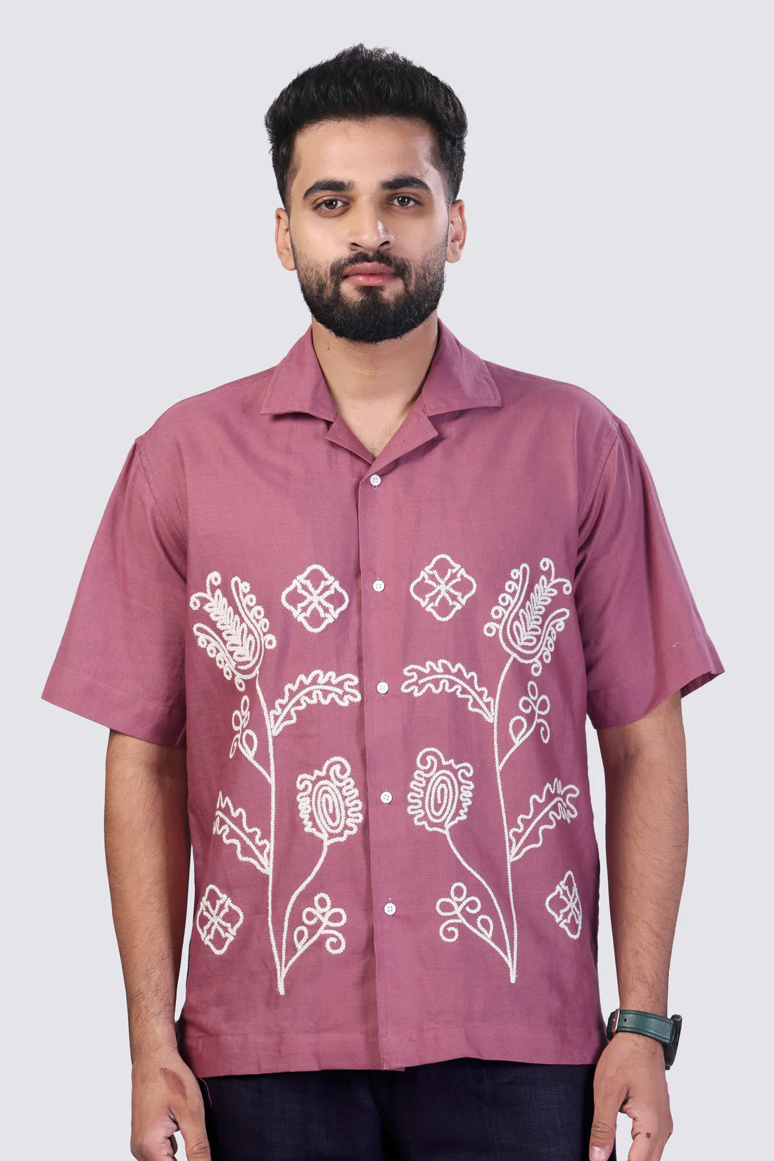 WILD FERN (PINK) - EMBROIDERED COTTON SHIRT