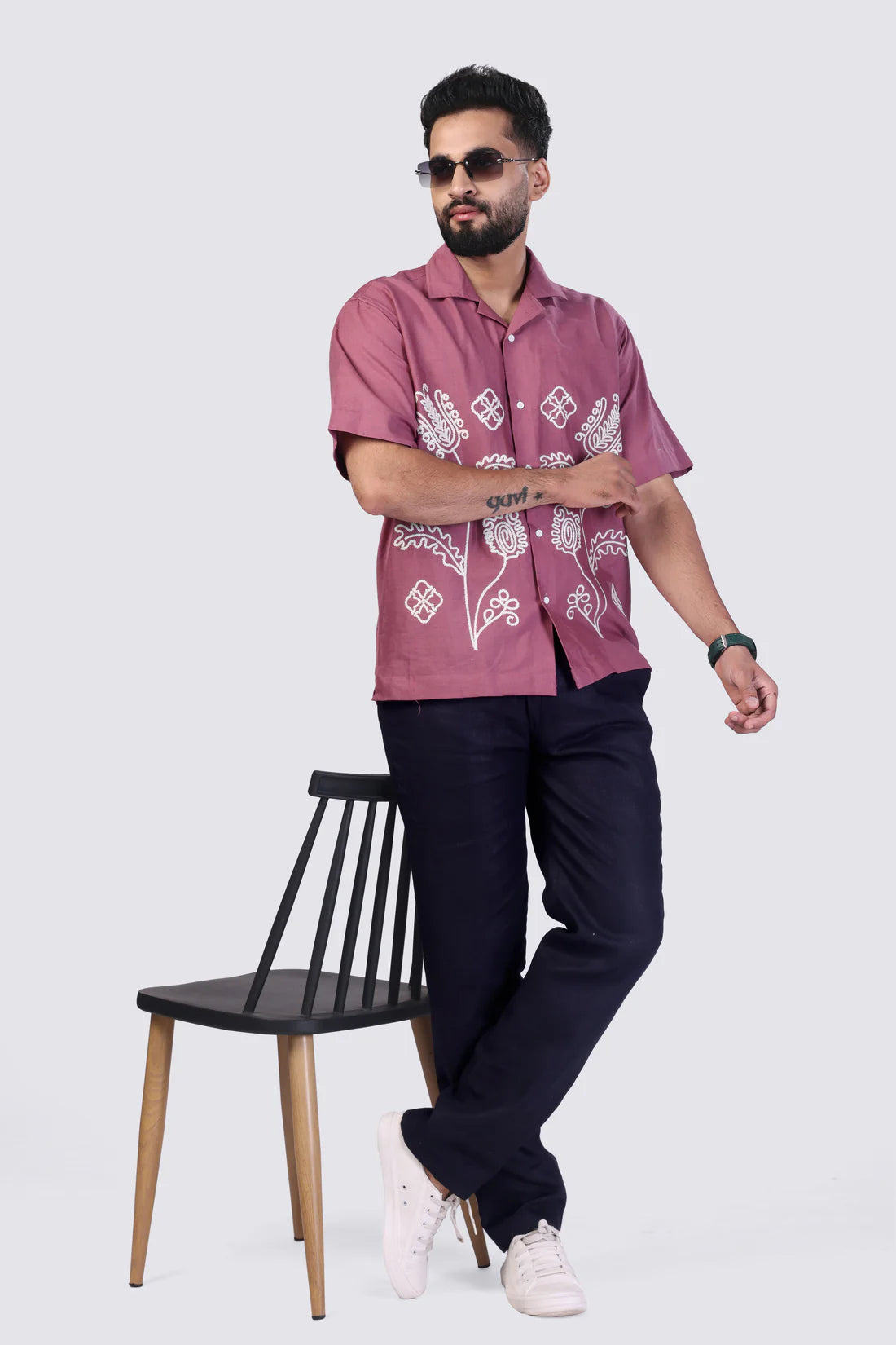 WILD FERN (PINK) - EMBROIDERED COTTON SHIRT