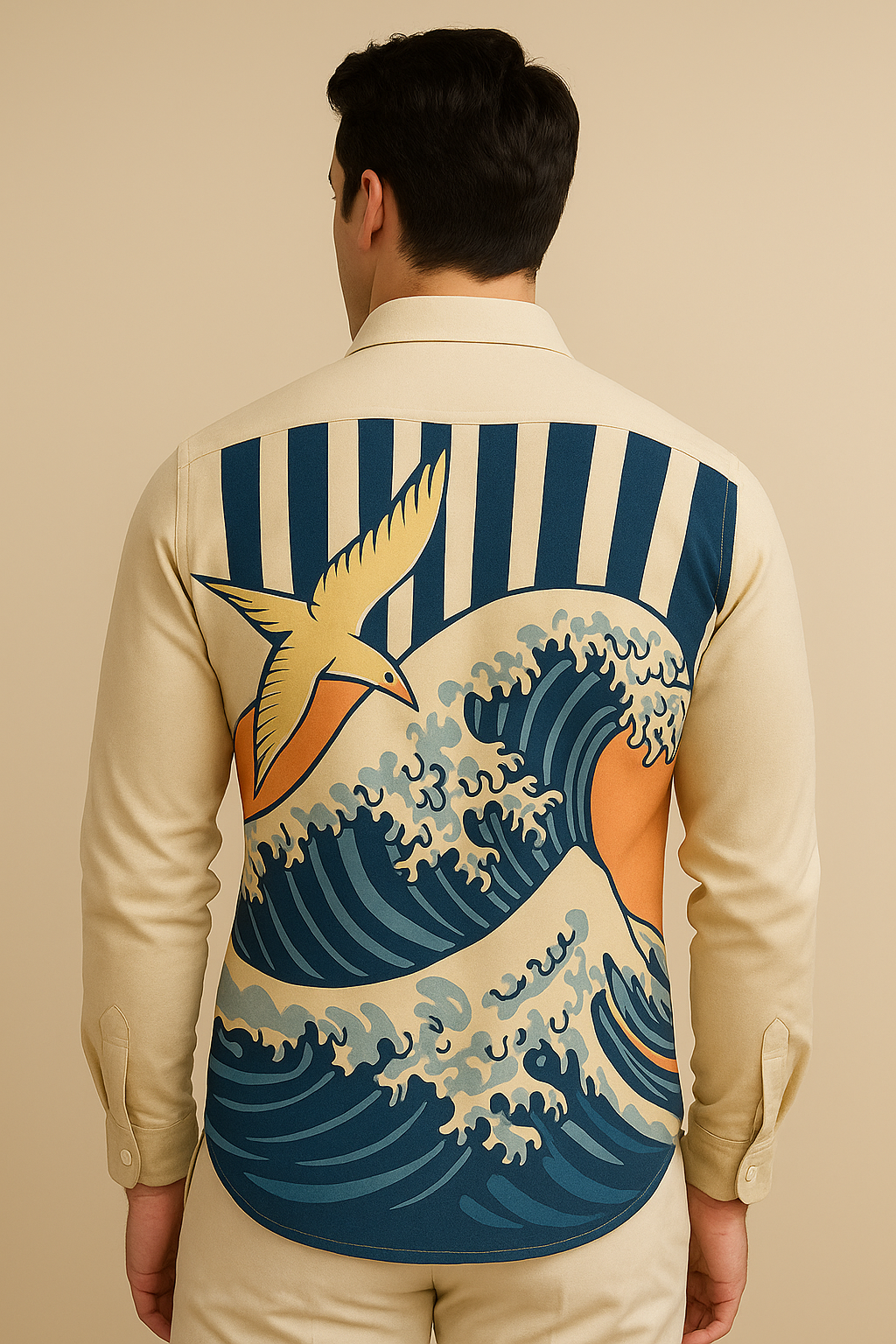 Casual Cotton Shirt – Flying Birds & Sea Waves Print