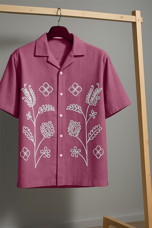 WILD FERN (PINK) - EMBROIDERED COTTON SHIRT