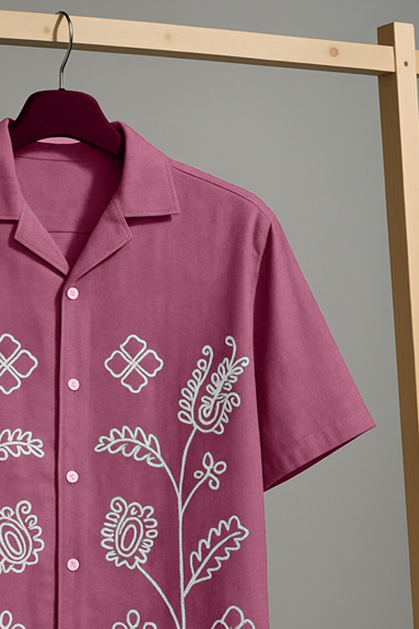 WILD FERN (PINK) - EMBROIDERED COTTON SHIRT
