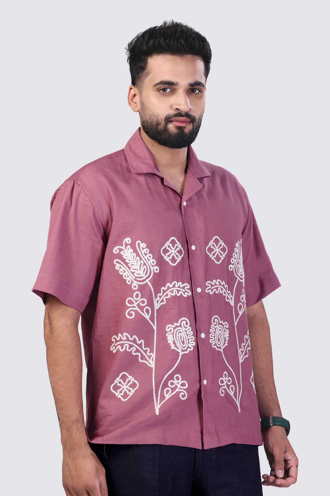 WILD FERN (PINK) - EMBROIDERED COTTON SHIRT