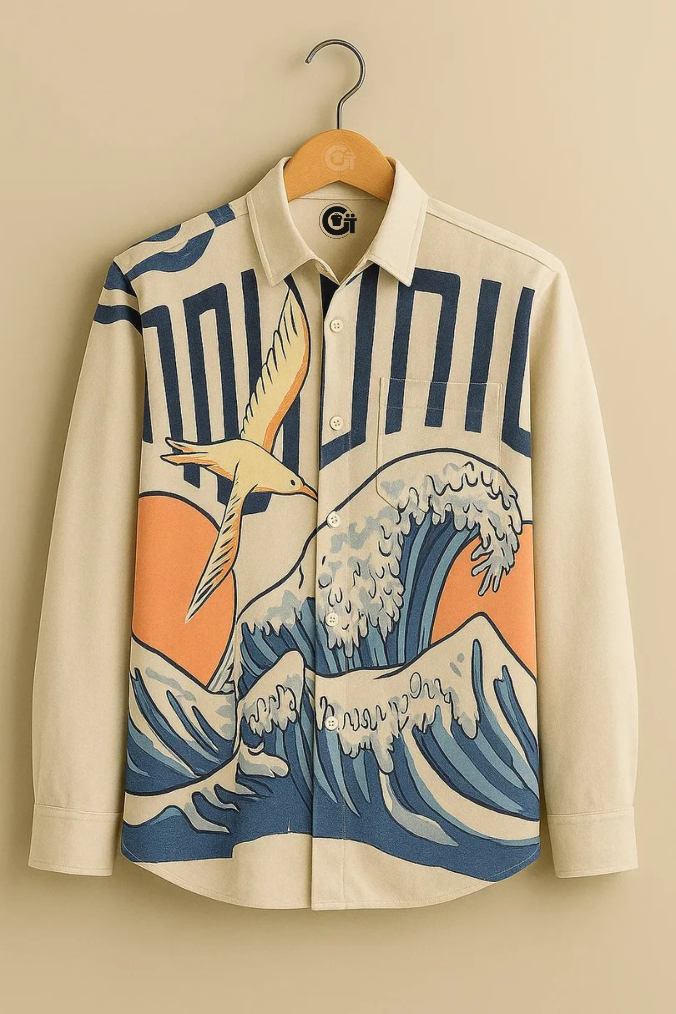 Men's Printed Cotton Shirt – Flying Seagull & Ocean Wave Graphic Design