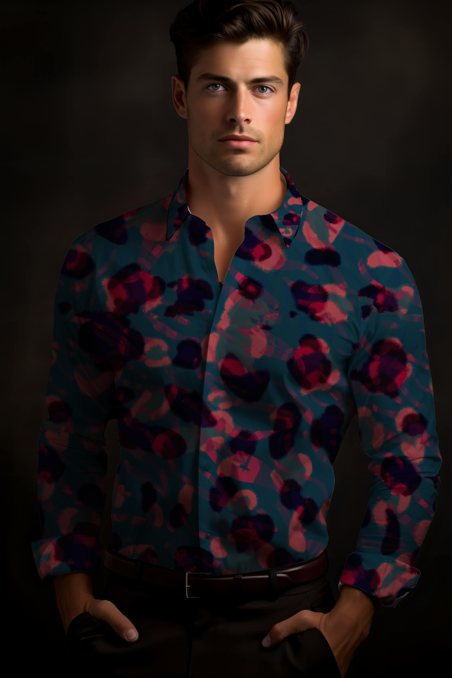 Navy Blue Shirt with Red Abstract Leopard Shirt