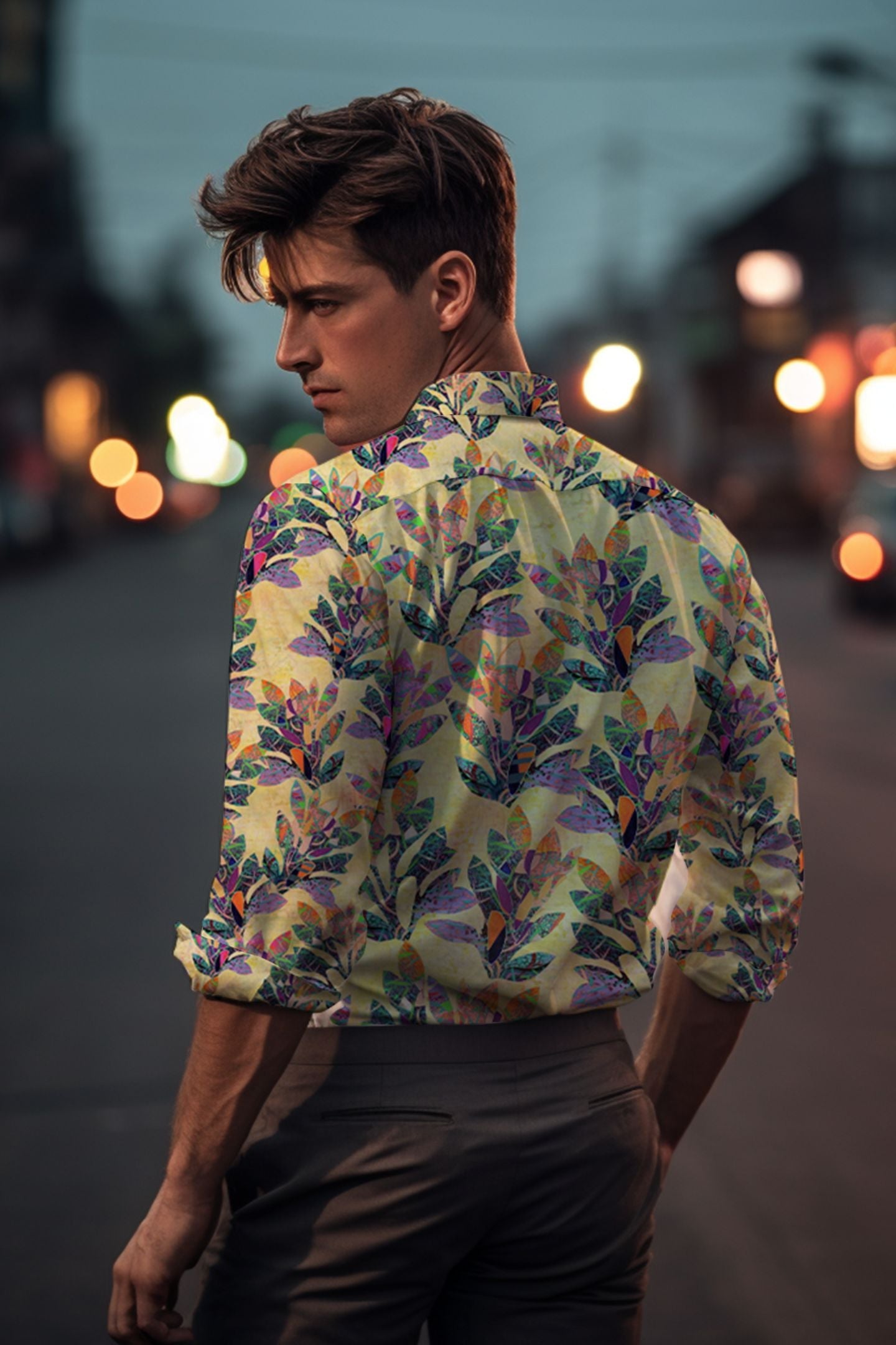 Yellow Rayon Shirt with Multicolor Leaf Shirt
