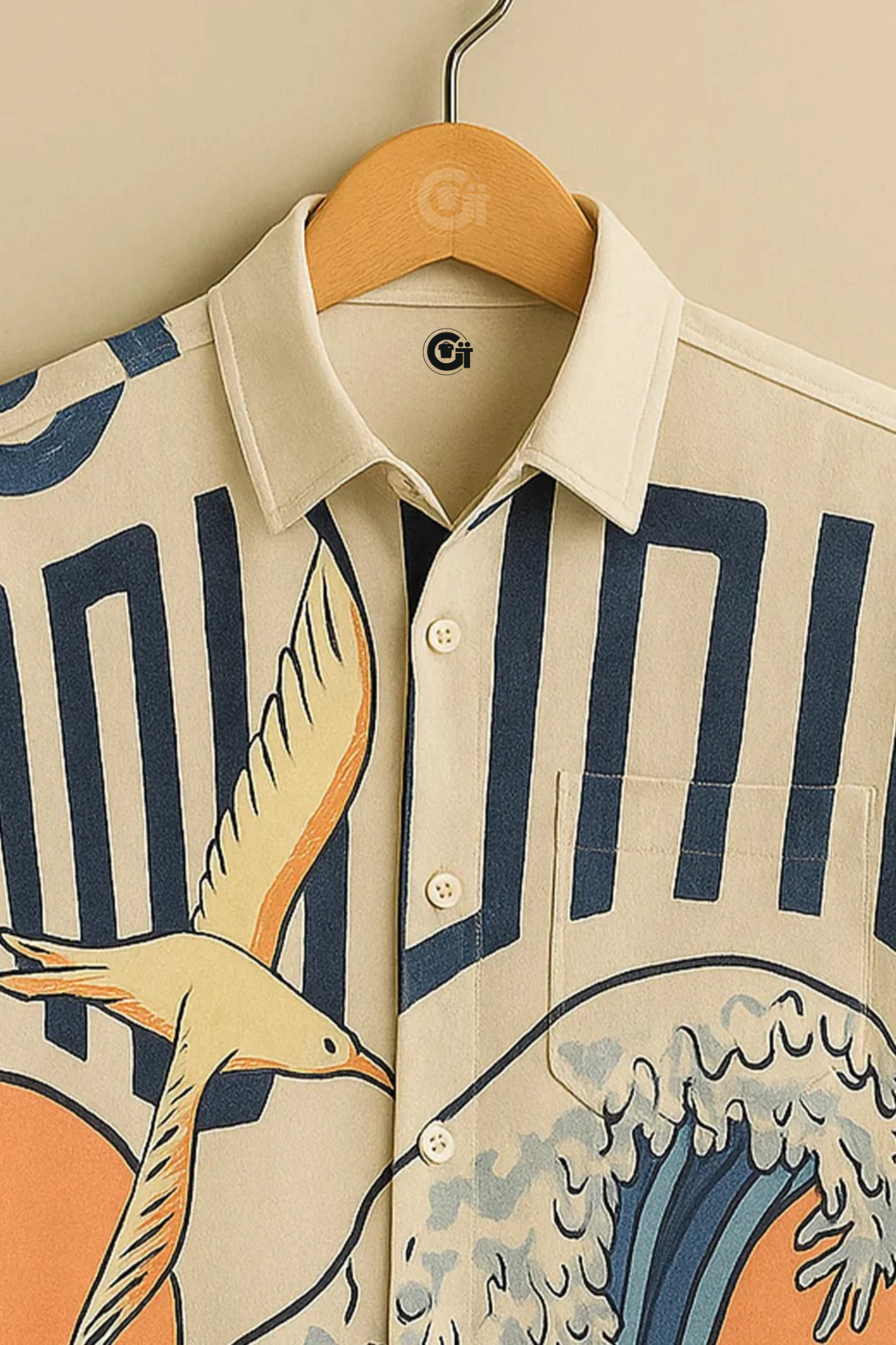 Men's Printed Cotton Shirt – Flying Seagull & Ocean Wave Graphic Design