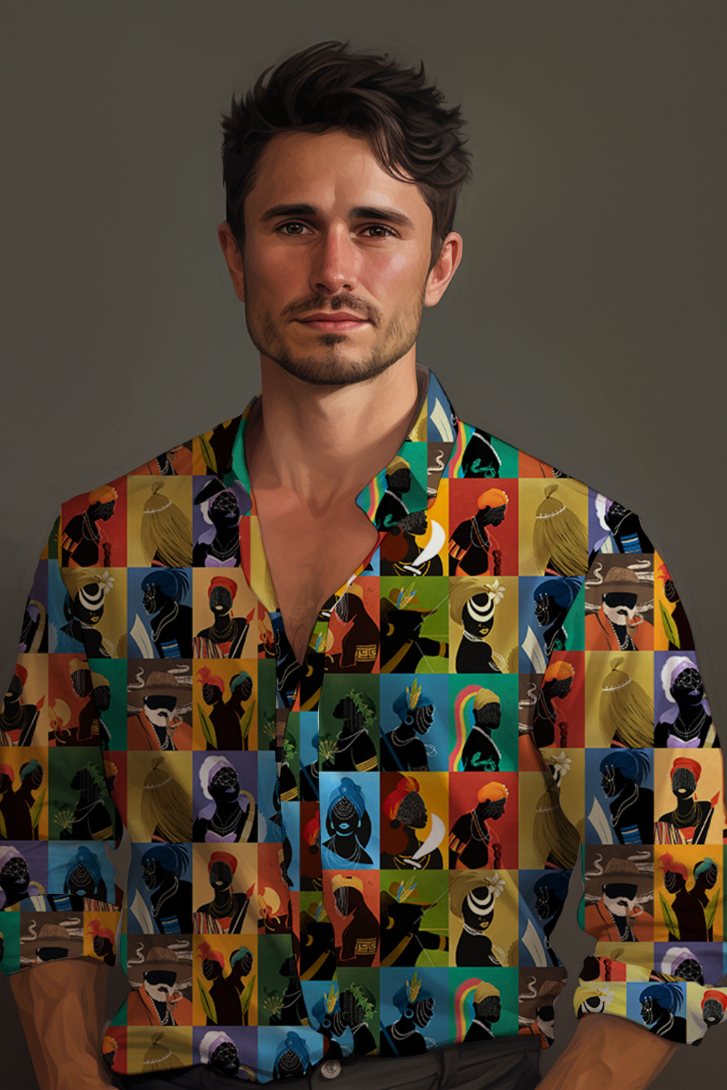 Vibrant Multicolor Cultural Portrait Rayon Shirt