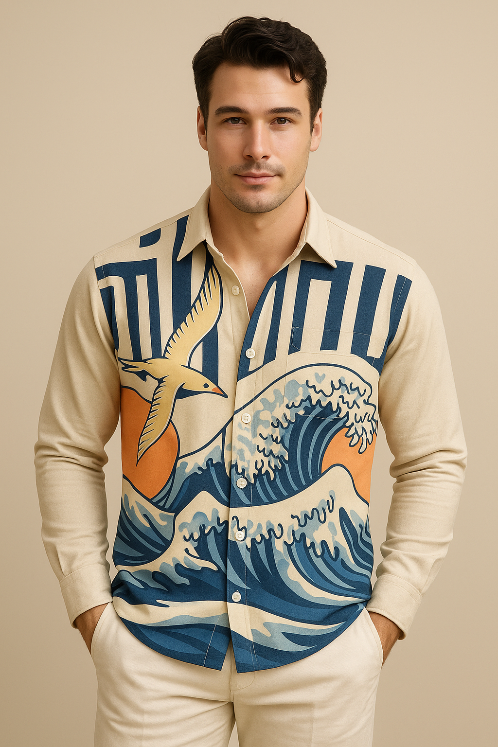 Casual Cotton Shirt – Flying Birds & Sea Waves Print
