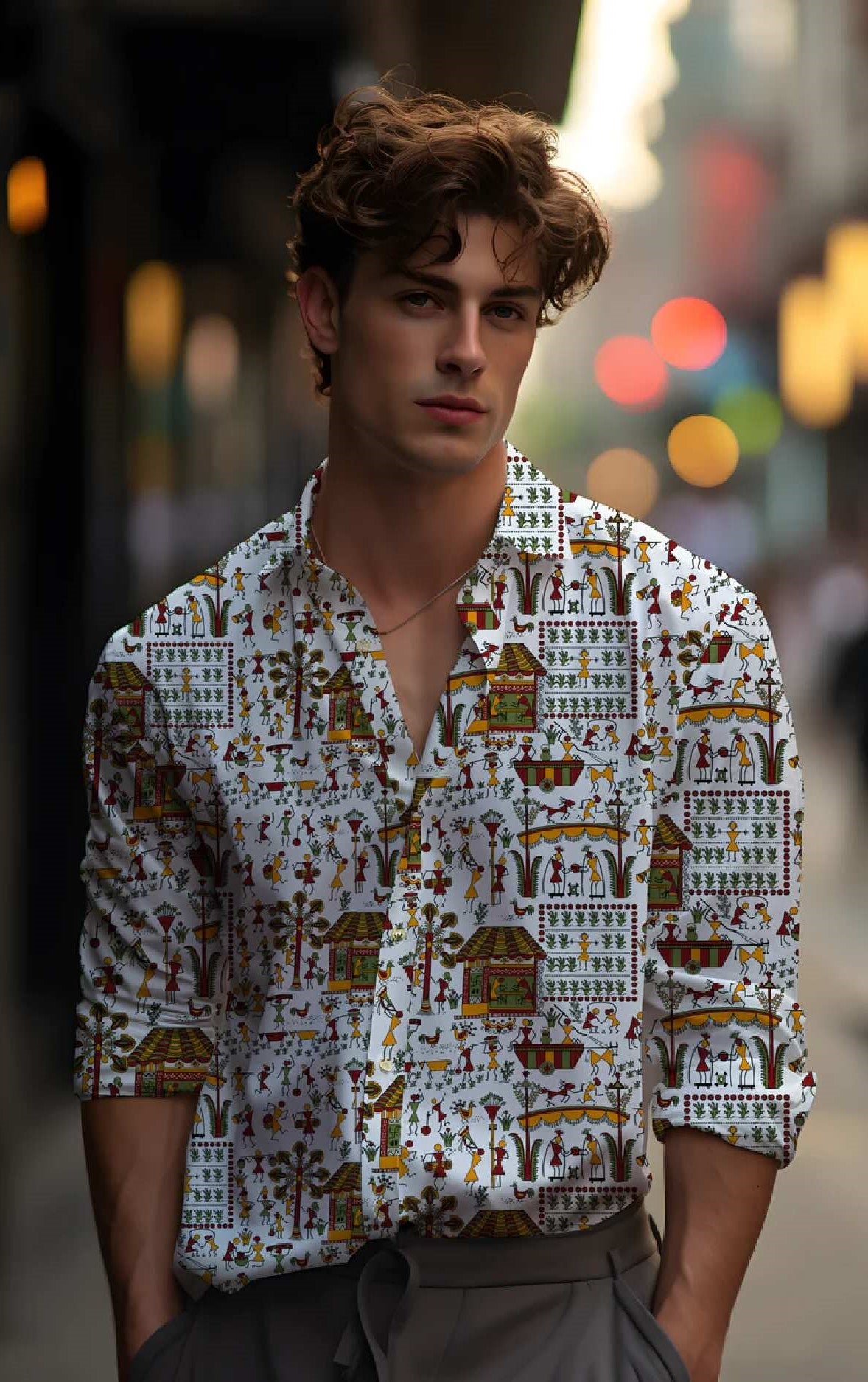 Traditional Warli Village Art Rayon Shirt