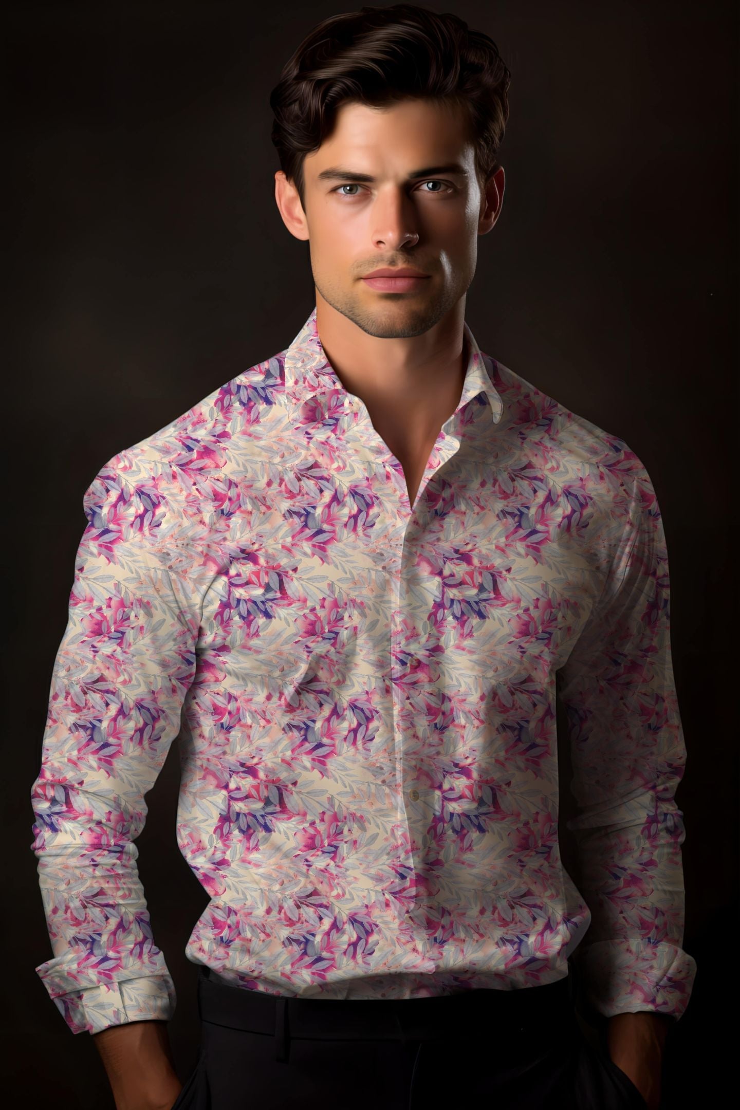 Beige & Pink Tropical Leaf Rayon Shirt